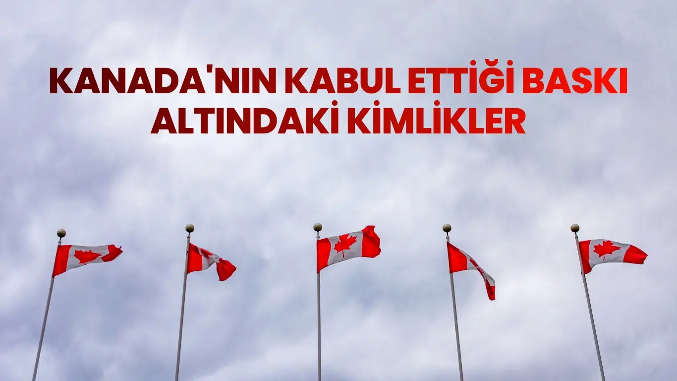 Kanada bayraklarının yer aldığı gökyüzü manzarasında "Kanada'nın kabul ettiği baskı altındaki kimlikler" başlıklı içerik görseli