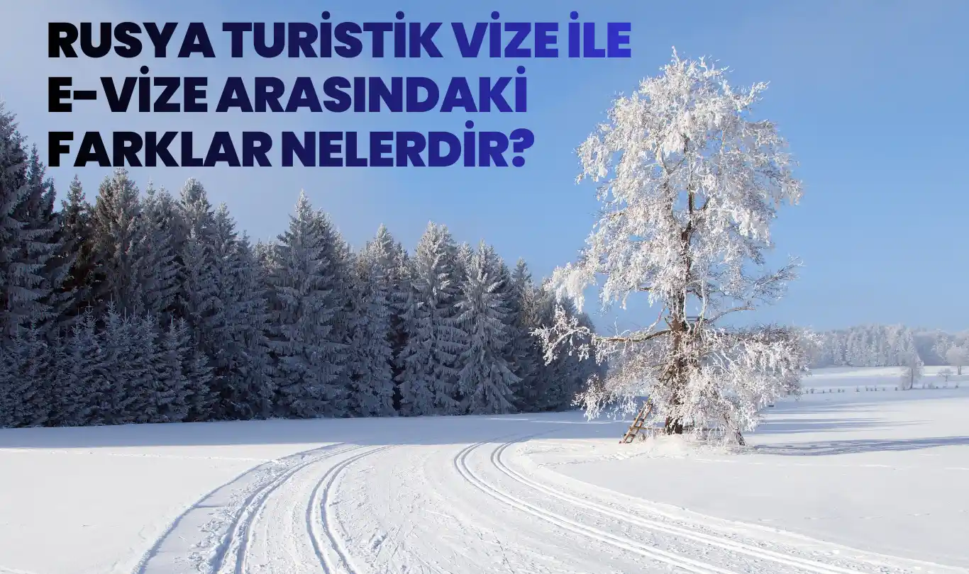 Karlar altındaki bir ormanda kıvrılarak ilerleyen kayak izi ve yanında yalnız bir ağaç. Üstte 'Rusya turistik vize ile e-vize arasındaki farklar nelerdir?' başlığı yer alıyor.