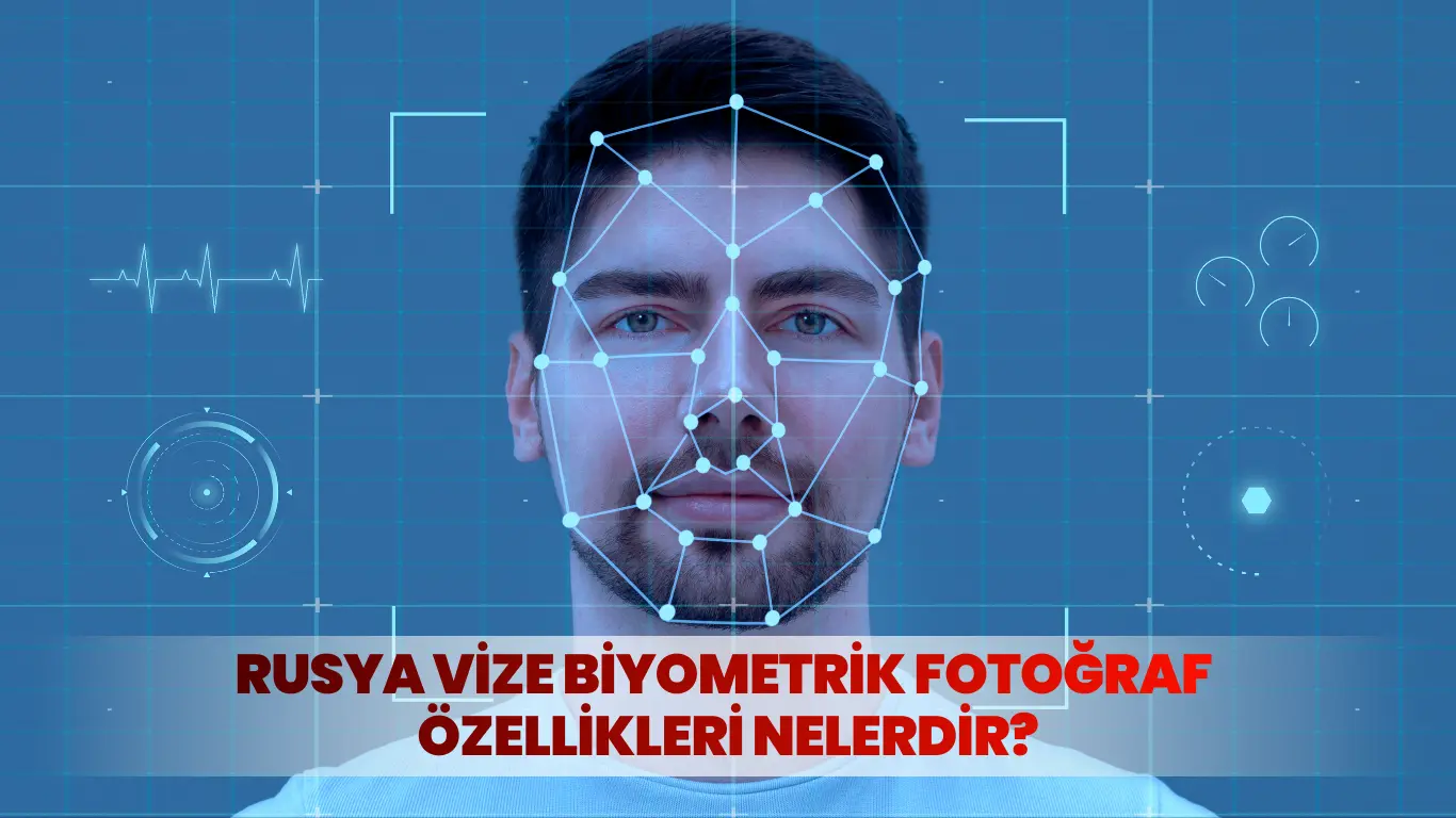Yüz tanıma ağı ile Rusya vizesi için biyometrik fotoğraf analiz edilen erkek yüzü
