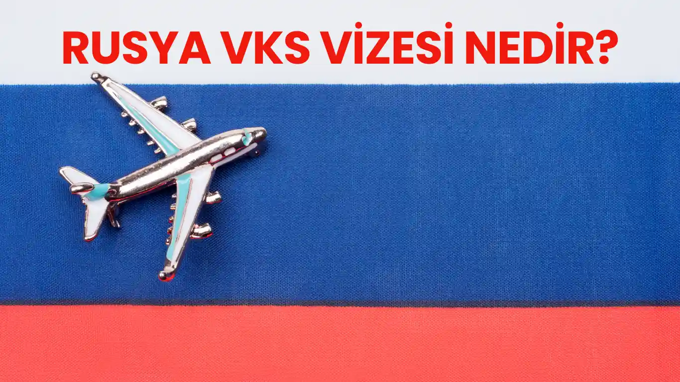 Rusya VKS vizesi konseptini simgeleyen uçak ve Rusya bayrağı arka planı