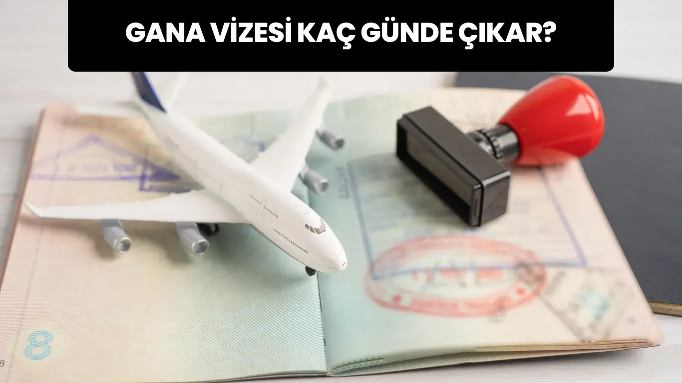 Pasaport üzerinde uçak maketi ve vize damgası; Gana vizesi işlem süresini simgeliyor.