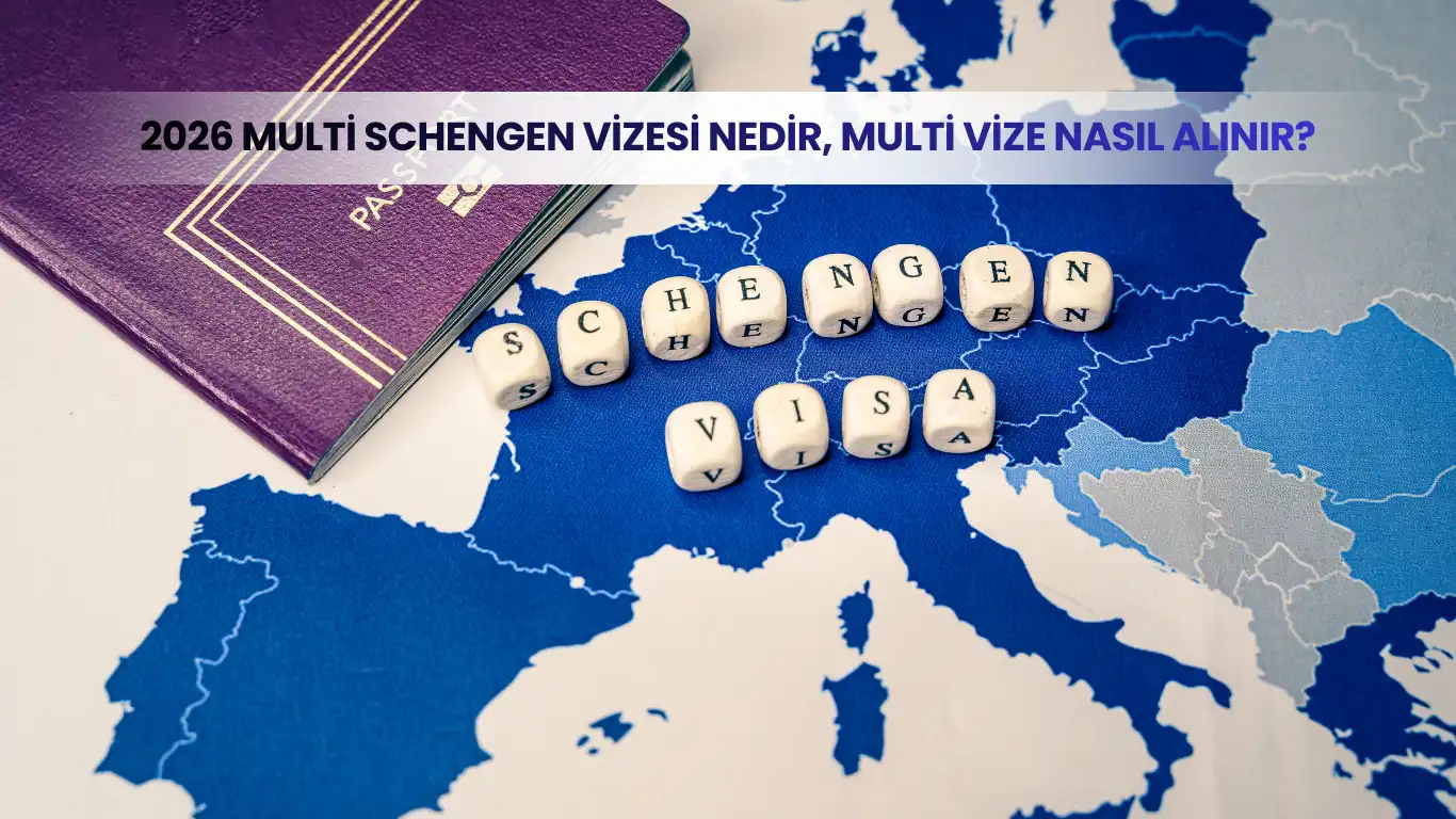 2026 Multi Schengen vizesi nedir ve nasıl alınır sorularına yanıt veren pasaport ve Avrupa haritası görseli.